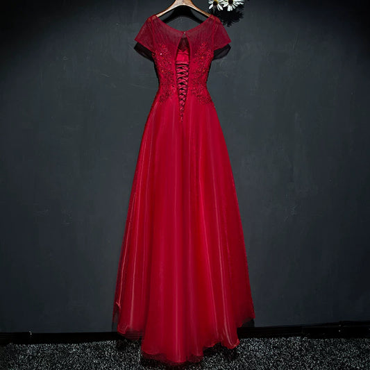 Dramatic Jewel Neck A-Line Red Sweet 16th Gowns Short Sleeve Appliques Beads Prom Dress AP5940