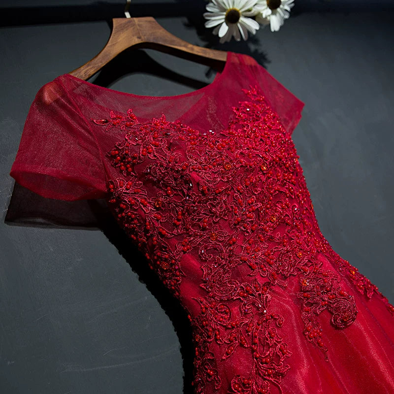 Dramatic Jewel Neck A-Line Red Sweet 16th Gowns Short Sleeve Appliques Beads Prom Dress AP5940