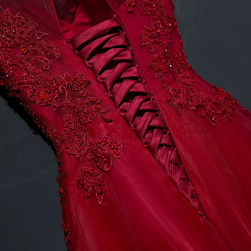 Dramatic Jewel Neck A-Line Red Sweet 16th Gowns Short Sleeve Appliques Beads Prom Dress AP5940
