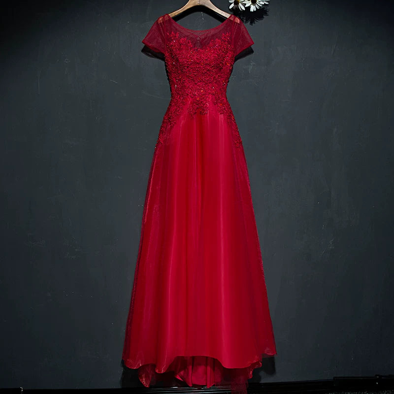 Dramatic Jewel Neck A-Line Red Sweet 16th Gowns Short Sleeve Appliques Beads Prom Dress AP5940