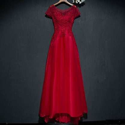 Dramatic Jewel Neck A-Line Red Sweet 16th Gowns Short Sleeve Appliques Beads Prom Dress AP5940