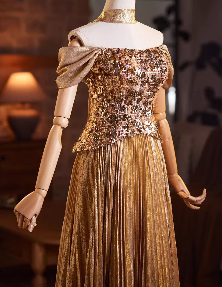 Stunning A-Line Off-Shoulder Evening Gowns Sequins Pleated Prom Dress AP5941