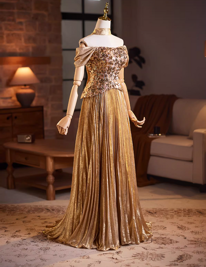 Stunning A-Line Off-Shoulder Evening Gowns Sequins Pleated Prom Dress AP5941