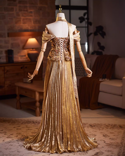 Stunning A-Line Off-Shoulder Evening Gowns Sequins Pleated Prom Dress AP5941