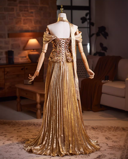 Stunning A-Line Off-Shoulder Evening Gowns Sequins Pleated Prom Dress AP5941