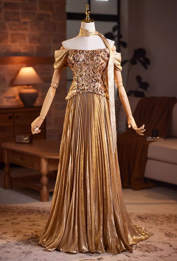 Stunning A-Line Off-Shoulder Evening Gowns Sequins Pleated Prom Dress AP5941