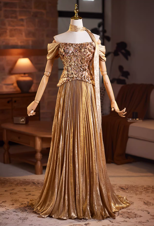 Stunning A-Line Off-Shoulder Evening Gowns Sequins Pleated Prom Dress AP5941
