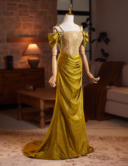 Novelty Off-Shoulder Mermaid Sweet 16th Dresses Draped Satin Jacquard Prom Dress AP5942