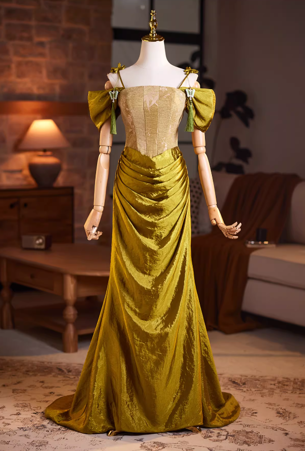 Novelty Off-Shoulder Mermaid Sweet 16th Dresses Draped Satin Jacquard Prom Dress AP5942