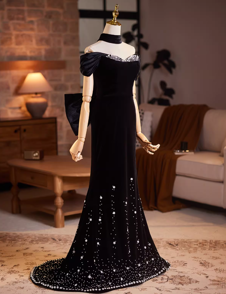 Unique Off-Shoulder Black Mermaid Sweet 16th Dresses Bow Beads Appliques Prom Dress AP5943