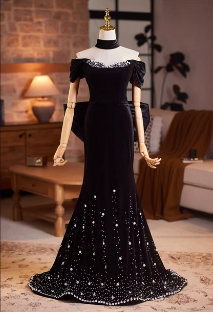 Unique Off-Shoulder Black Mermaid Sweet 16th Dresses Bow Beads Appliques Prom Dress AP5943