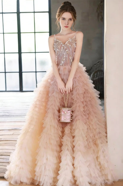 Vibrant Spaghetti Strap A-Line Ruffled Tulle Evening Gowns Appliques Sequins Prom Dress AP5944