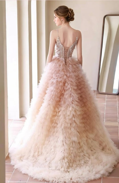 Vibrant Spaghetti Strap A-Line Ruffled Tulle Evening Gowns Appliques Sequins Prom Dress AP5944