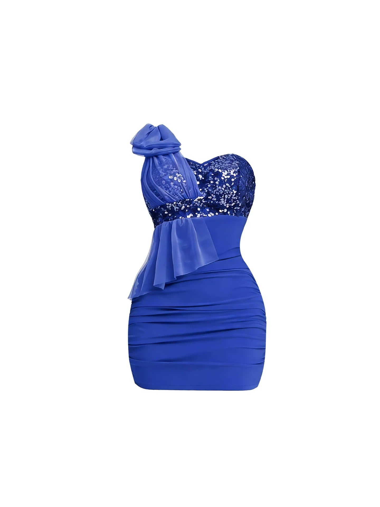 Fashionable Sequin Bodice Asymmetric Chiffon Ruffle Mini Skirt Elegant Royal Blue One Shoulder Ruched Bodycon Short Dress AP5945