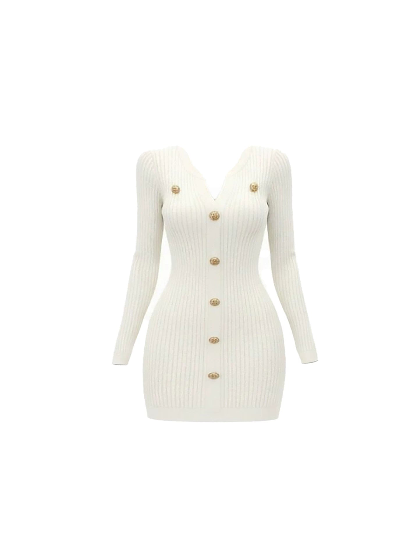 Minimalist V-Neck Gold Buttons Bodycon Mini Skirt Chic White Ribbed Knit Long Sleeve Fitted Mini Sweater Short Dress AP5947