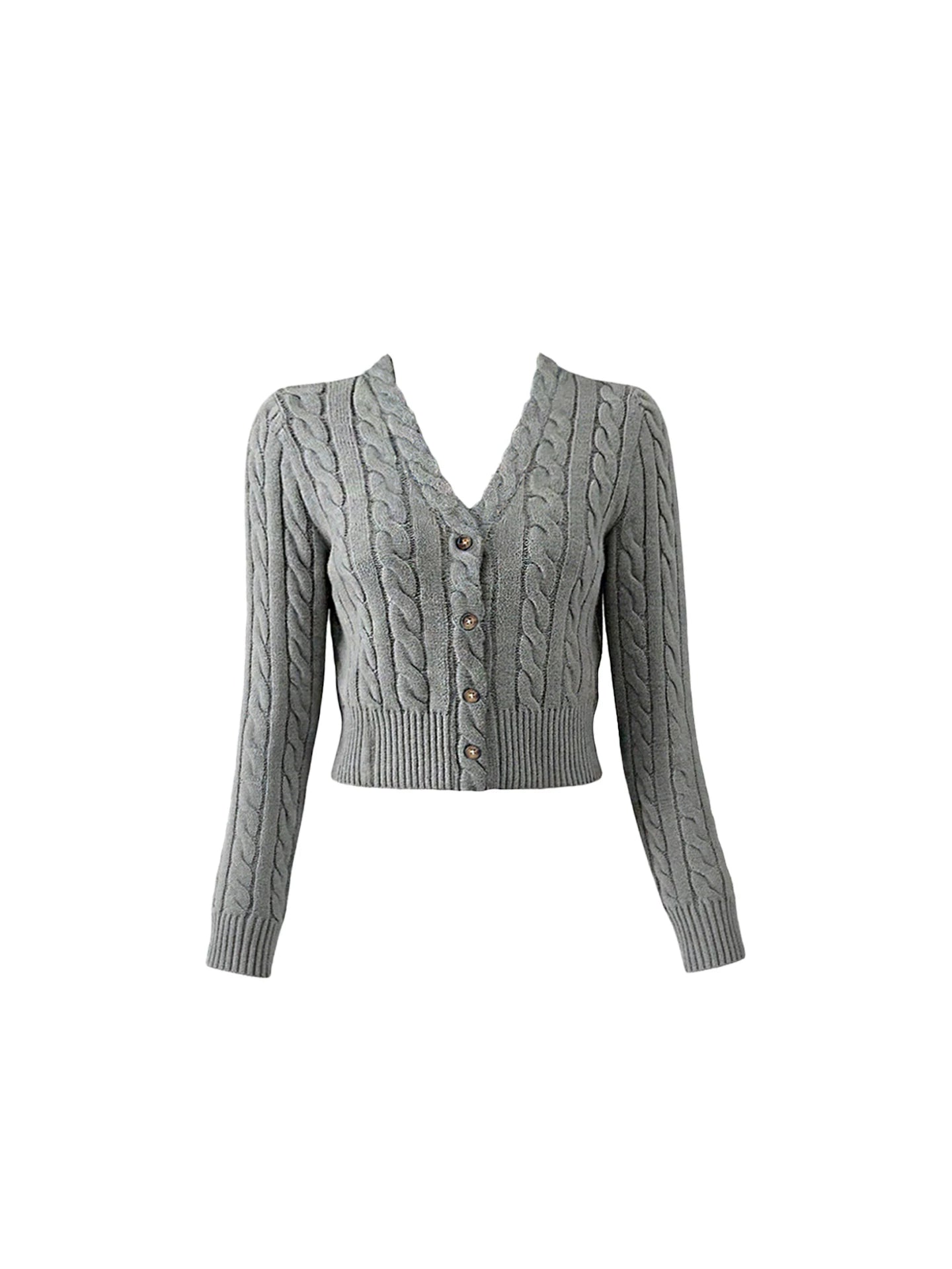 Simple V-Neck Top Two Piece Set Bodycon Mini Skirt Elegant Grey Cable Knit Long Sleeve Fitted Short Dress AP5948