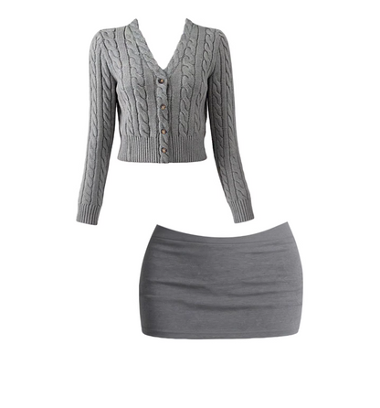 Simple V-Neck Top Two Piece Set Bodycon Mini Skirt Elegant Grey Cable Knit Long Sleeve Fitted Short Dress AP5948