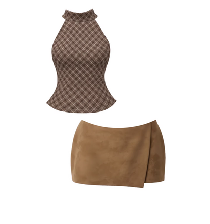 Charming Halter Top Bodycon Tan Faux Suede Mini Skirt Chic Chocolate Brown Plaid Two Piece Set Wrap Front Short Dress AP5949