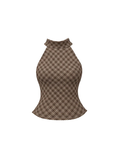 Charming Halter Top Bodycon Tan Faux Suede Mini Skirt Chic Chocolate Brown Plaid Two Piece Set Wrap Front Short Dress AP5949