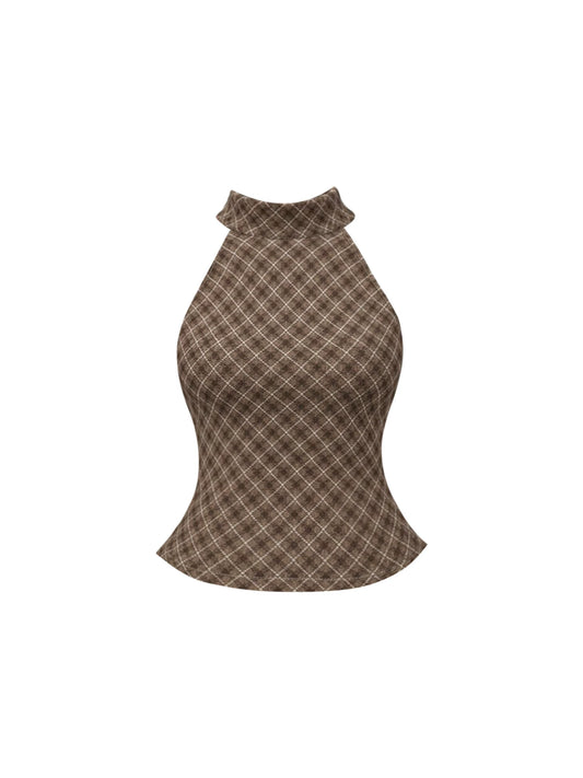 Charming Halter Top Bodycon Tan Faux Suede Mini Skirt Chic Chocolate Brown Plaid Two Piece Set Wrap Front Short Dress AP5949
