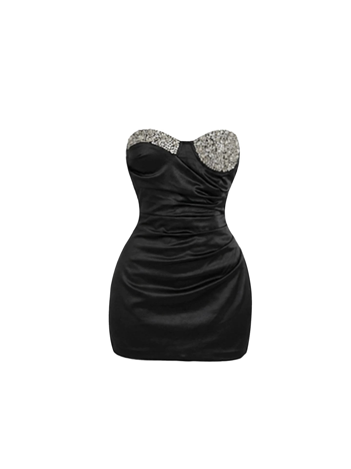 Sparkly Crystal Embellished Bust Side Ruching Mini Skirt Sexy Black Strapless Satin Bodycon Short Dress AP5950