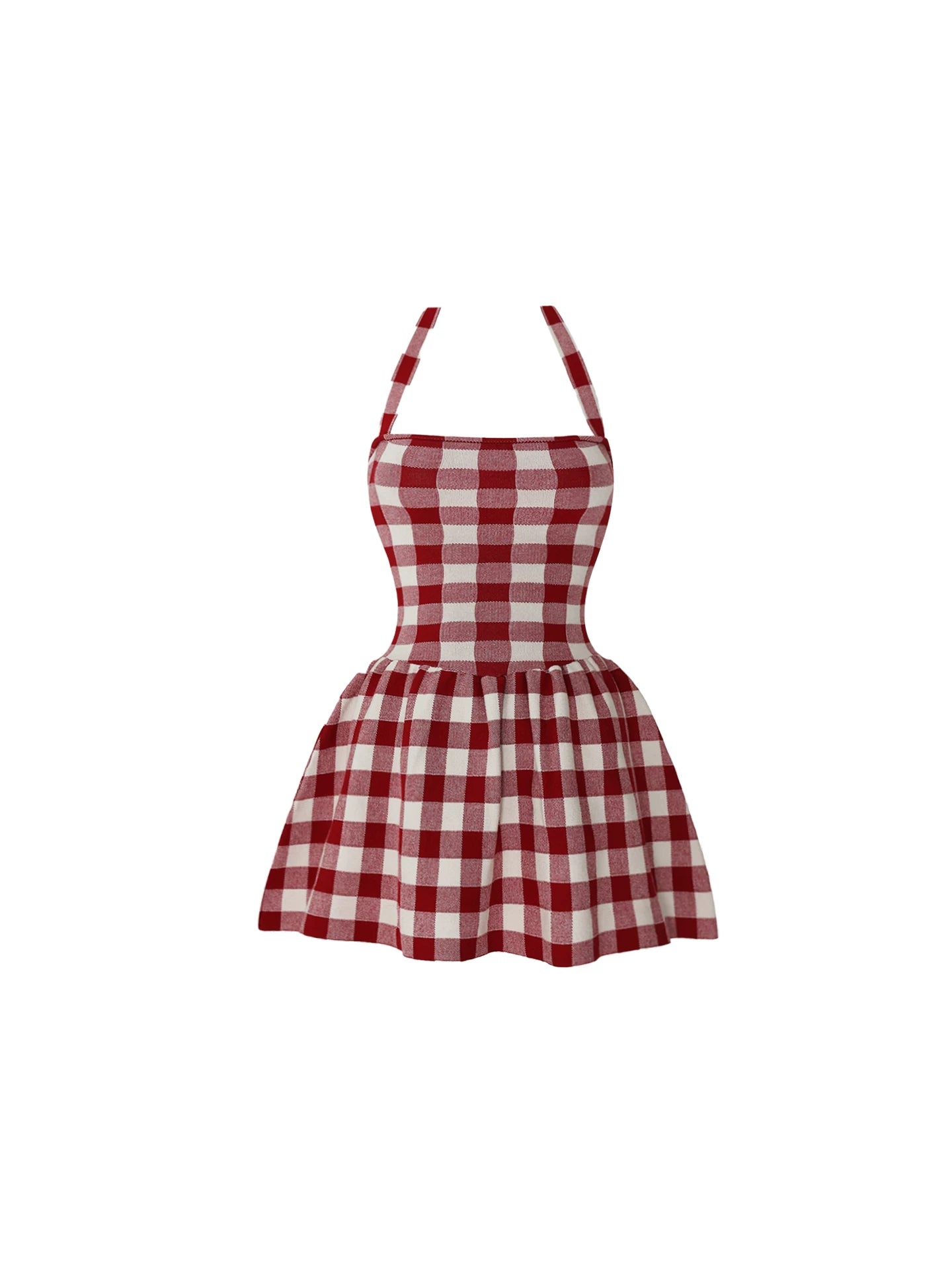 Flowy Red and White Gingham Halter Neck A-Line Mini Skirt Cute Strapless Top Flared Summer Picnic Short Dress AP5951