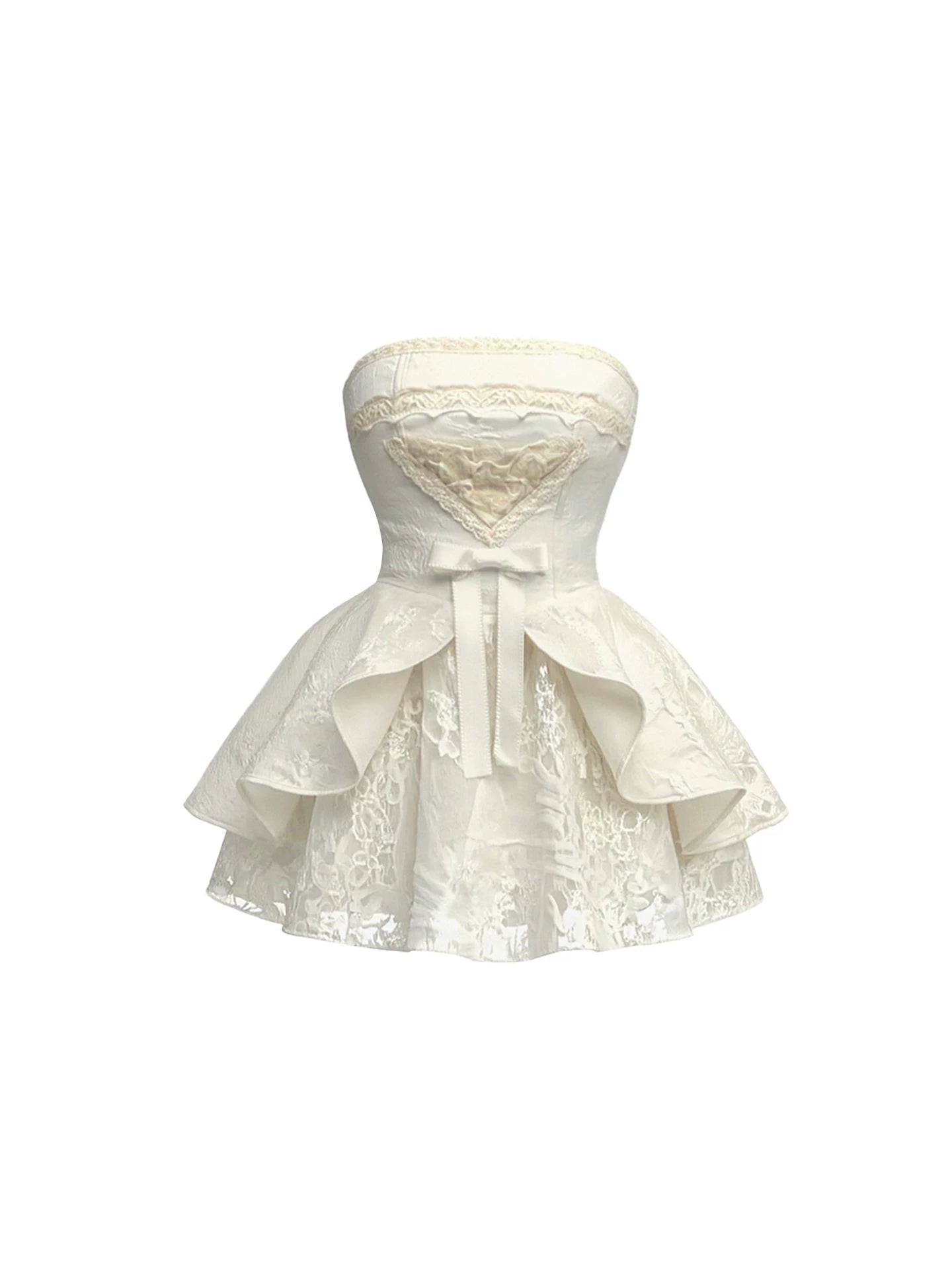 Playful Heart Panel Bust Ribbon Bow Mini Skirt Romantic Cream Strapless Lace Accent Waist Layered Ruffle A-Line Short Dress AP5954
