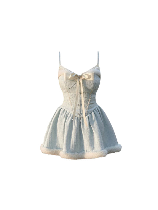 Stylish Lace Bust Front Tie Bow Corset Detail A-Line Mini Skirt Cute Light Blue Tweed Spaghetti Strap Faux Fur Trim Flared Short Dress AP5955