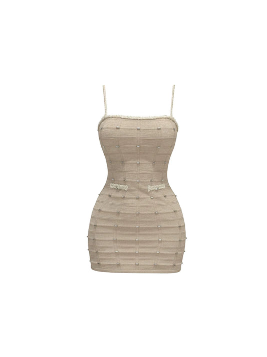 Bling Pearl Studded Row Detailing Bodycon Mini Skirt Elegant Beige Spaghetti Strap Fitted Bow Accents Short Dress AP5956