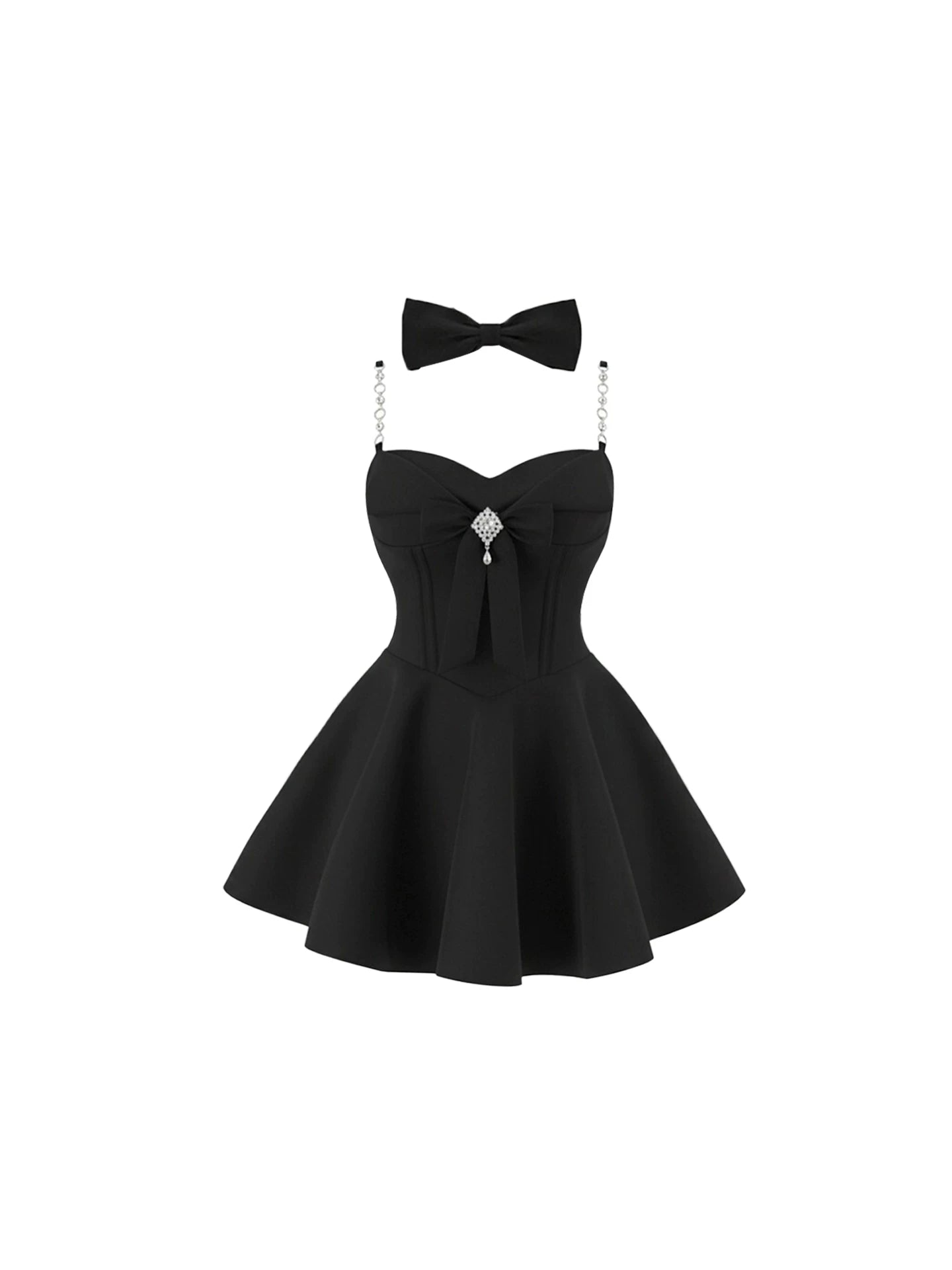 Fitted Crystal Accent Bow Center Chain A-Line Mini Skirt Elegant Black Corset Bodice Flared Spaghetti Strap Short Dress AP5957
