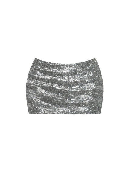 Trendy Strapless Corset Bodycon Two Piece Set Mini Skirt Glamorous Black Structured Bustier Silver Sequined Fitted Short Dress AP5959