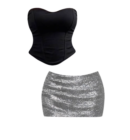 Trendy Strapless Corset Bodycon Two Piece Set Mini Skirt Glamorous Black Structured Bustier Silver Sequined Fitted Short Dress AP5959