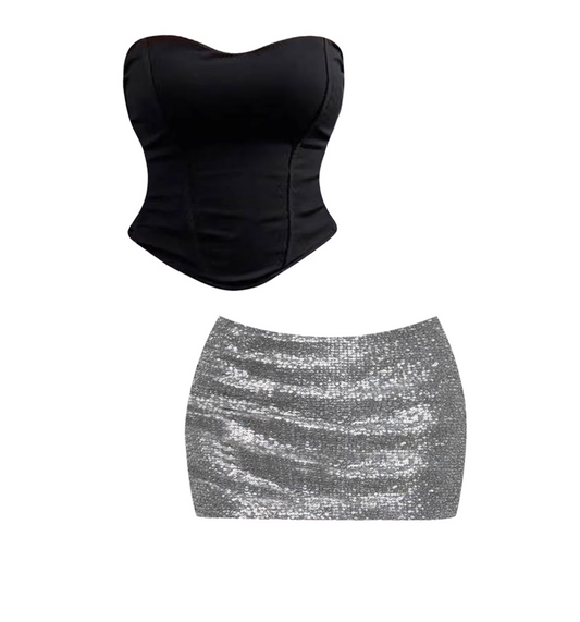 Trendy Strapless Corset Bodycon Two Piece Set Mini Skirt Glamorous Black Structured Bustier Silver Sequined Fitted Short Dress AP5959