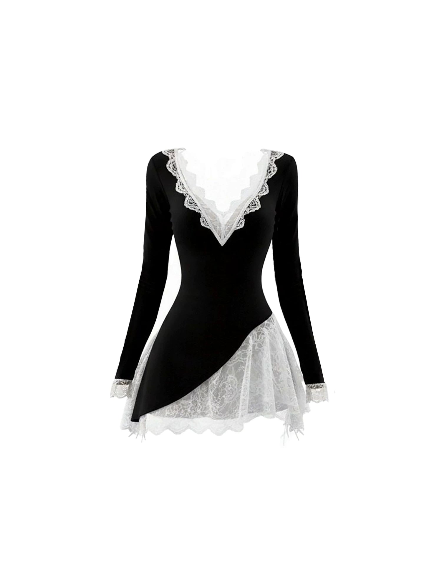 Attractive Deep V-Neck White Lace Trim Mini Skirt Chic Black Long Sleeve Bodycon Asymmetric Layered Lace Ruffle Short Dress AP5960