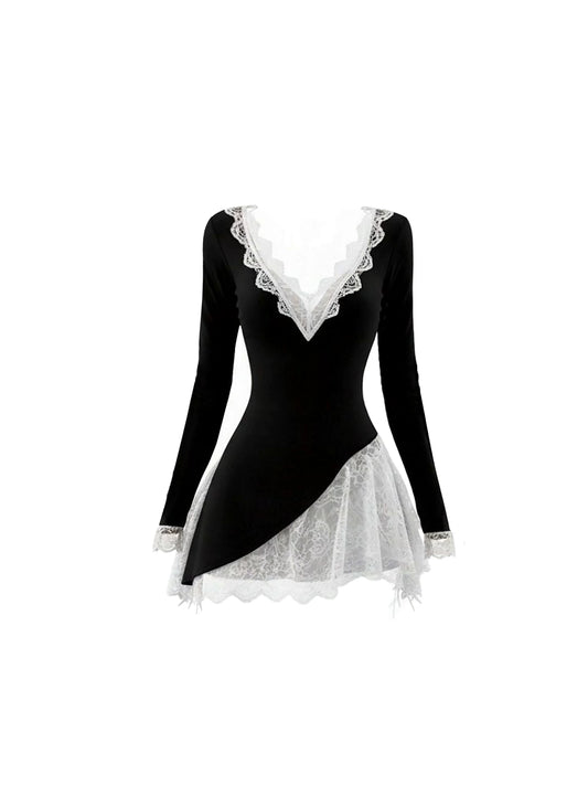Attractive Deep V-Neck White Lace Trim Mini Skirt Chic Black Long Sleeve Bodycon Asymmetric Layered Lace Ruffle Short Dress AP5960