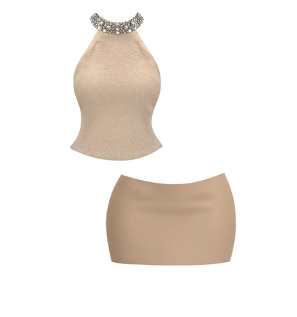 Glittering Rhinestone Embellished Neckline Mini Skirt Elegant Nude Halter Neck Crop Top Bodycon Short Dress AP5963