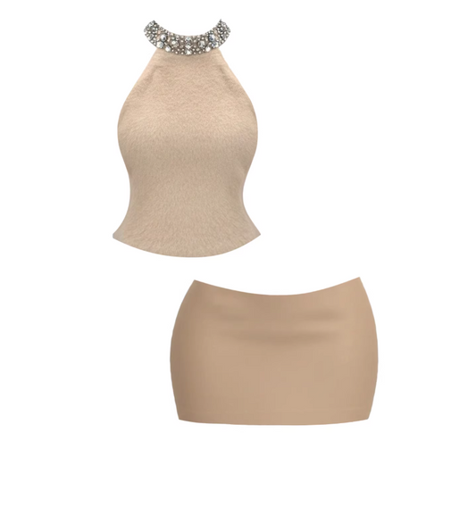 Glittering Rhinestone Embellished Neckline Mini Skirt Elegant Nude Halter Neck Crop Top Bodycon Short Dress AP5963