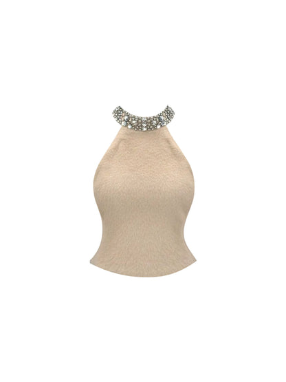 Glittering Rhinestone Embellished Neckline Mini Skirt Elegant Nude Halter Neck Crop Top Bodycon Short Dress AP5963