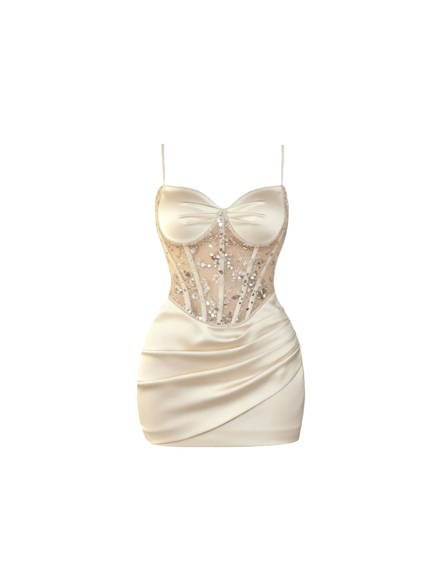Modern Cream Satin Sweetheart Neckline Bodycon Mini Skirt Romantic Spaghetti Strap Sequined Mesh Corset Ruched Short Dress AP5964