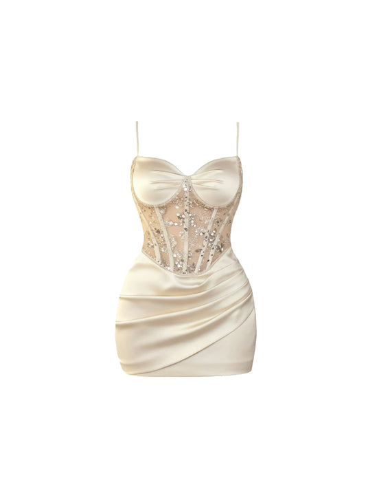 Modern Cream Satin Sweetheart Neckline Bodycon Mini Skirt Romantic Spaghetti Strap Sequined Mesh Corset Ruched Short Dress AP5964