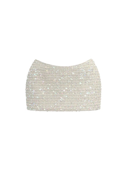 Princess Sequined Bustier Top Iridescent Bodycon Mini Skirt Luxurious White Satin Sweetheart Neck Two-Piece Set Short Dress AP5965