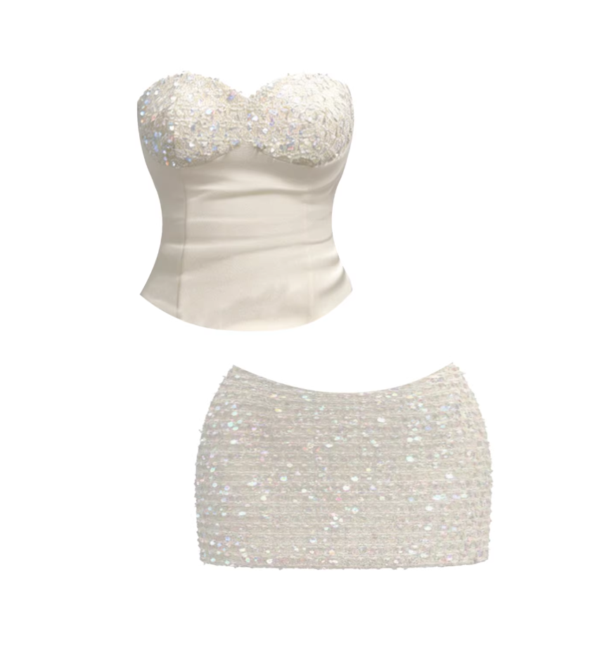 Princess Sequined Bustier Top Iridescent Bodycon Mini Skirt Luxurious White Satin Sweetheart Neck Two-Piece Set Short Dress AP5965