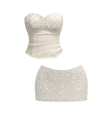 Princess Sequined Bustier Top Iridescent Bodycon Mini Skirt Luxurious White Satin Sweetheart Neck Two-Piece Set Short Dress AP5965