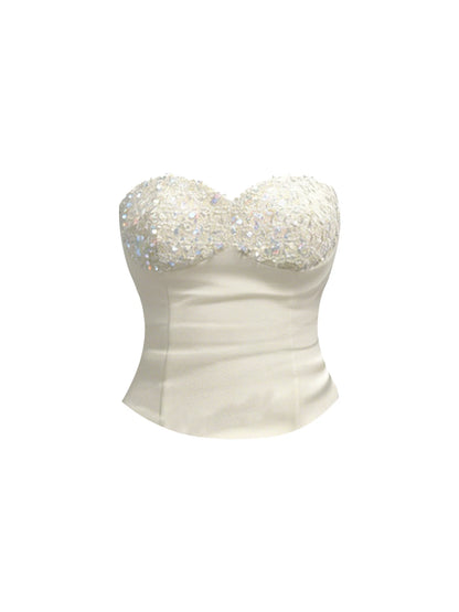 Princess Sequined Bustier Top Iridescent Bodycon Mini Skirt Luxurious White Satin Sweetheart Neck Two-Piece Set Short Dress AP5965