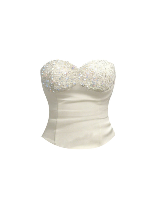 Princess Sequined Bustier Top Iridescent Bodycon Mini Skirt Luxurious White Satin Sweetheart Neck Two-Piece Set Short Dress AP5965
