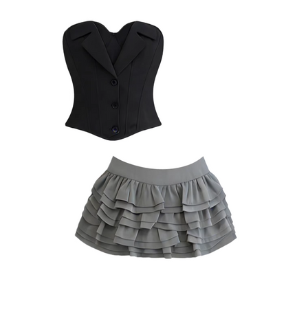 Pretty Strapless Two-Piece Set A-Line Mini Skirt Versatile Black Bustier Top Grey Tiered Ruffle Short Dress AP5966
