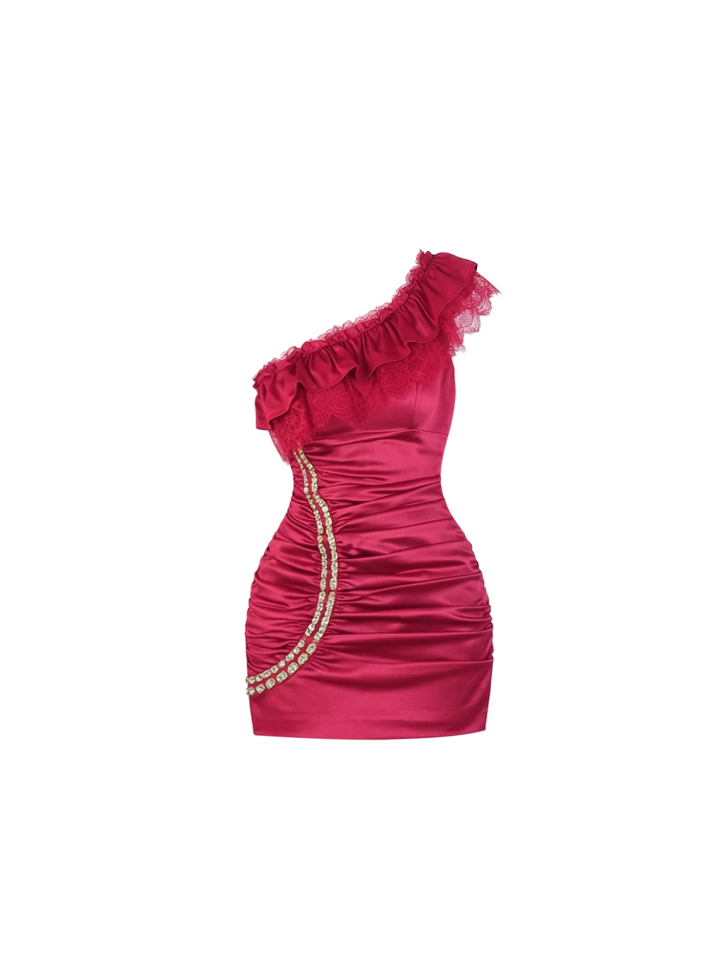 Fancy Ruffled Lace Trim Ruched Bodycon Mini Skirt Sexy Fuchsia Satin One-Shoulder Sequins Accent Short Dress AP5967