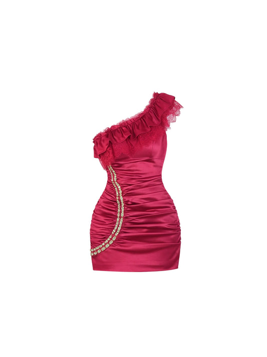 Fancy Ruffled Lace Trim Ruched Bodycon Mini Skirt Sexy Fuchsia Satin One-Shoulder Sequins Accent Short Dress AP5967