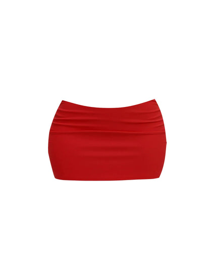 Hot Girls Twist-Front Peplum Crop Top Bodycon Mini Skirt Playful Red Halter Neck Ruched Two-Piece Set Short Dress AP5969