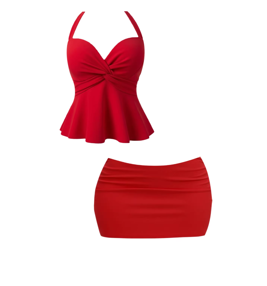 Hot Girls Twist-Front Peplum Crop Top Bodycon Mini Skirt Playful Red Halter Neck Ruched Two-Piece Set Short Dress AP5969